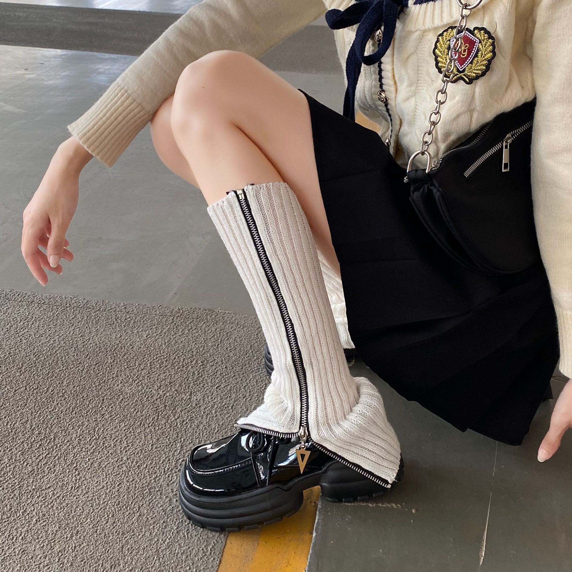 Leg Warmers Bootshang Cotton Zipper Socks For Women Spring And Autumn Winter Calf Heavy Knitted Wool Ins Gray Pile Leg Warmers_voghion.com