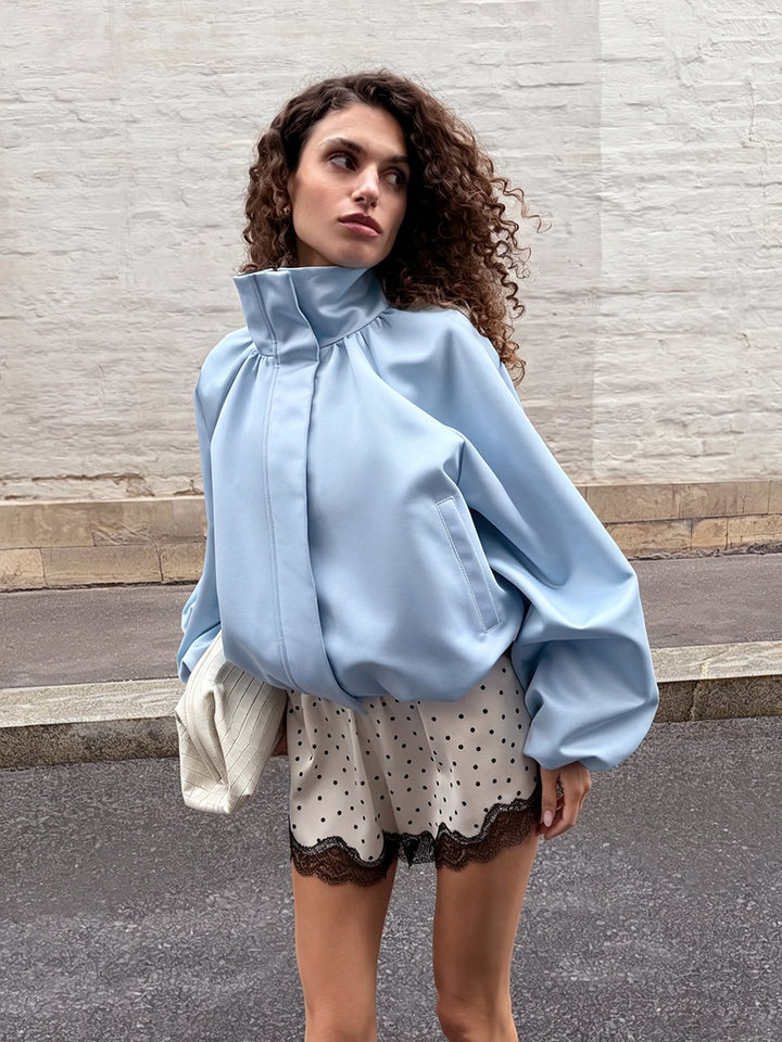 Áo khoác jacket satin cổ đứng tay hoa tulip dáng rộng — Màu hồng, Màu xanh dương, màu đỏ chi tiết 14