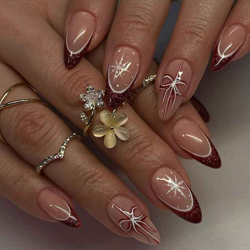 Christmas Manicure Medium Almond Nails Red Glitter French Nails Snowflake Bow European and American Style 24-Piece False Nails
