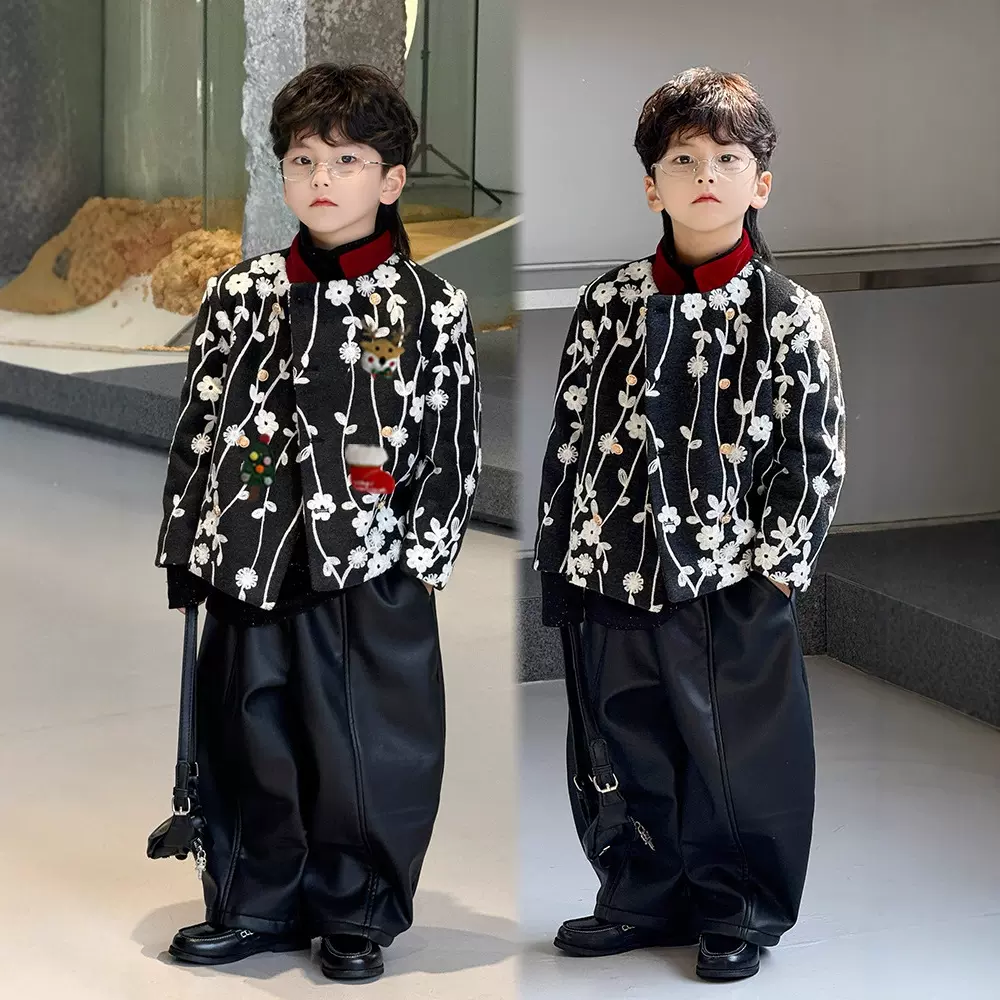 儿童国风拜年服加绒保暖刺绣外套2025冬装男童洋气上衣潮一件代发
