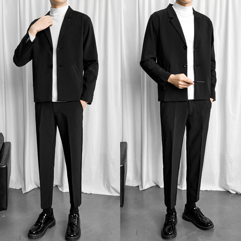 外套男黑色小西装垂感商务休闲西服套装黑白搭3件套西裤韩版修身
