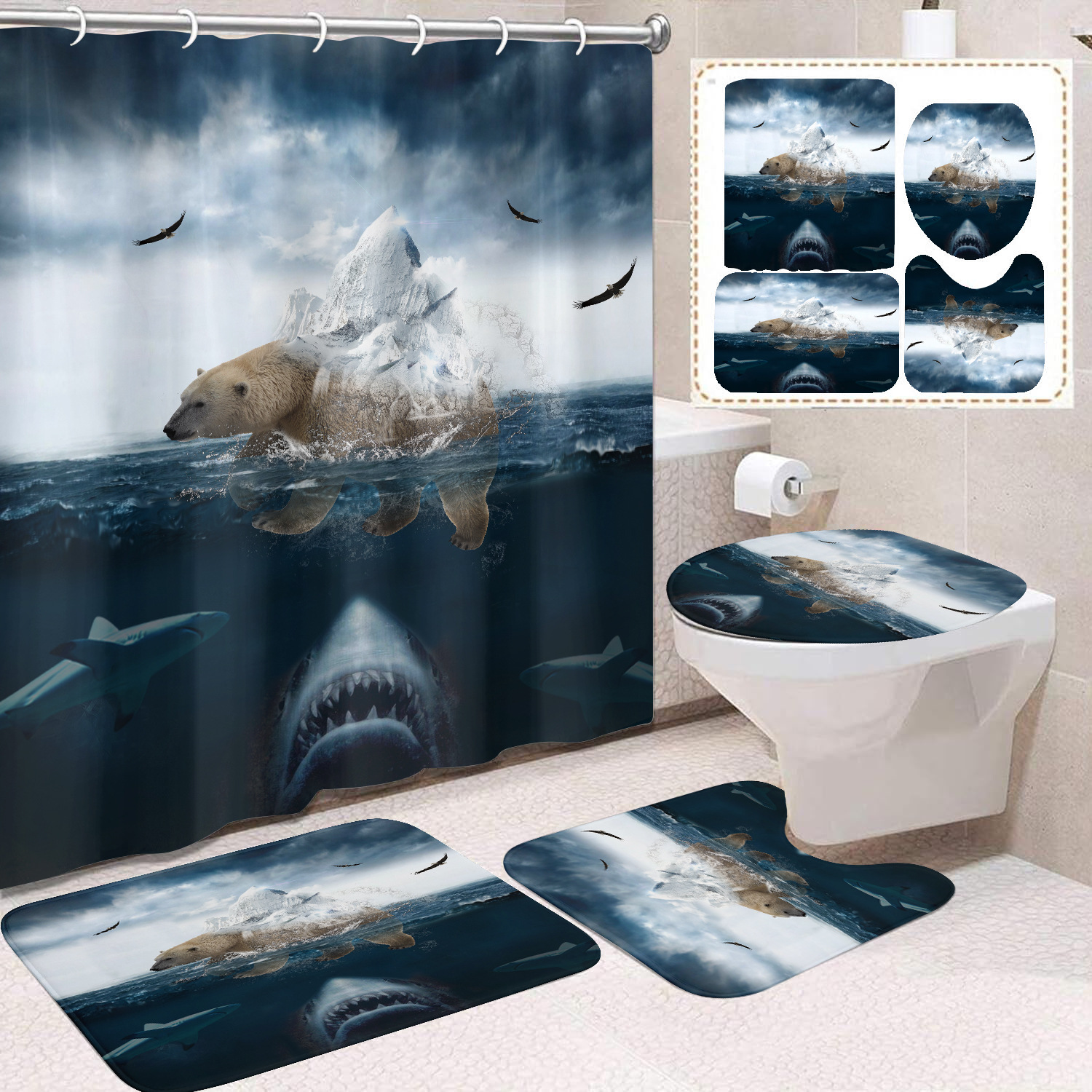 Cortina de ducha transfronteriza con diseño de delfines azules, estampada digitalmente, de poliéster, sin perforaciones, para baño, decoración del hogar image 42