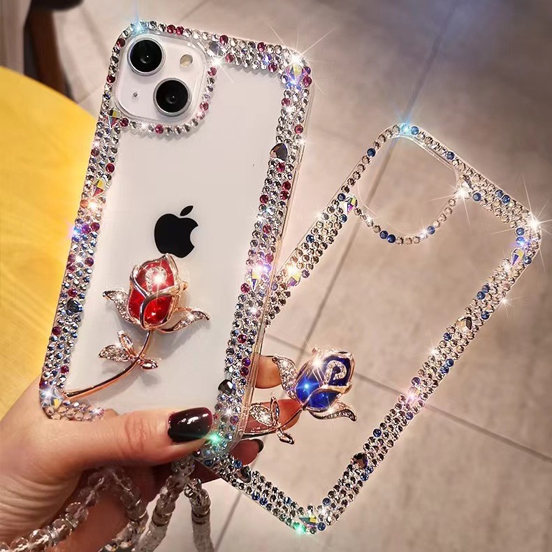 玫瑰花苹果17promax手机壳镶钻iphone16保护套15高级适用14带挂绳