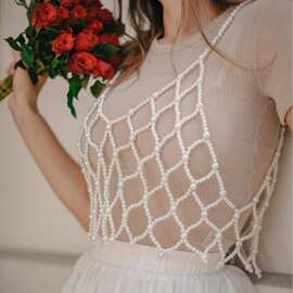欧美自然风串珠网格背心 春夏短袖搭配仿珍珠编织饰品 pearl vest