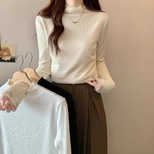 法式气质正肩蕾丝边打底衫t恤女秋冬加绒修身半高领长袖内搭上衣