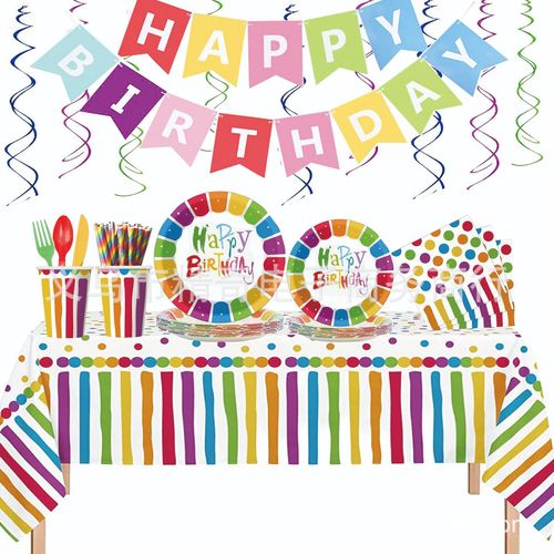 Birthday Party Disposable Tableware Happy Birthday Rainbow Paper Cups Paper Plates Tablecloth Party Decorations Set