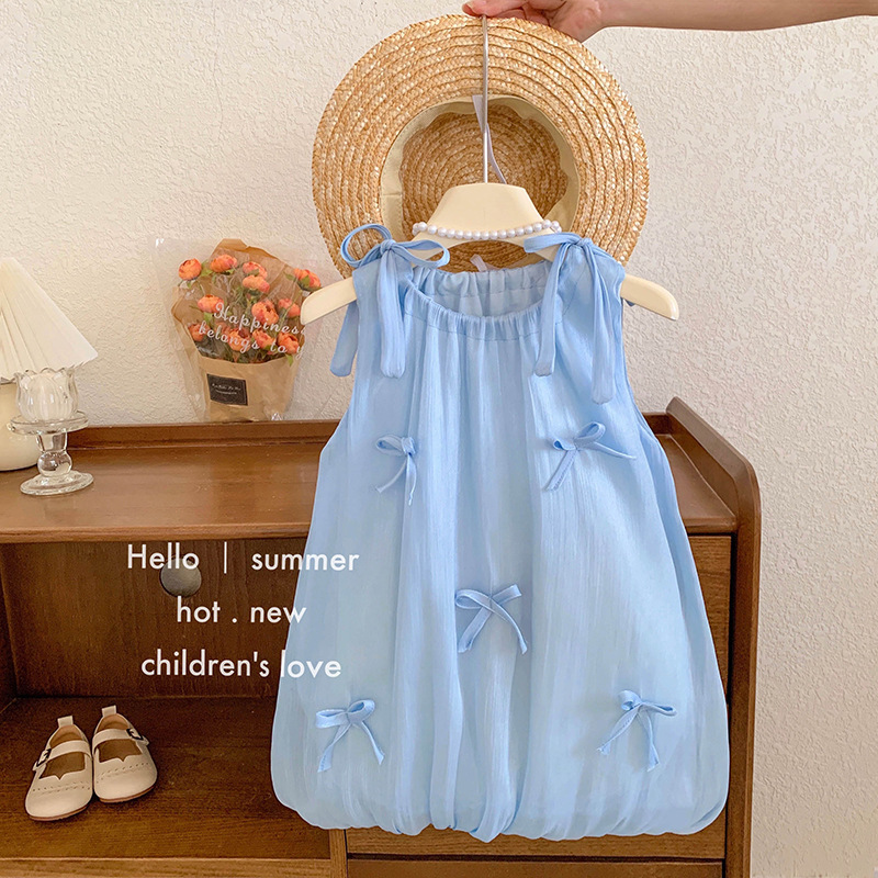 2025 Summer Girls Dress Children's Bow Tank Top Dress Baby Girl Flower Bud Skirt Korean Style Western Style Princess Dress