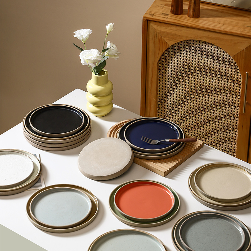 Crude Pottery Tableware Japanese-style Western Food Plate Household Dish Commercial Steak Plate Restaurant Hotel Pasta Plate Barbecue Shop Plate