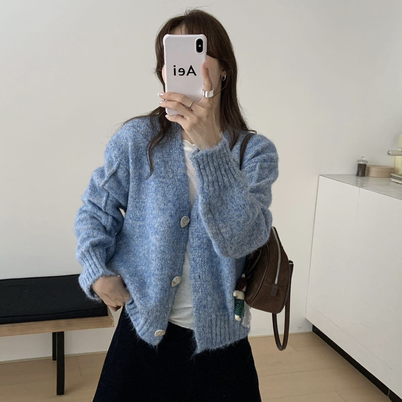 Unique Ambiance Multicolor Yarn Knit Cardigan V-Neck Single-Breasted Shell Button Short Slim-Fit Soft Sweater Cardigan