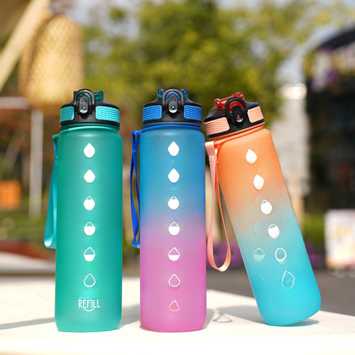 Amazon 32oz Cross-border Gradient Straw Cup 1L Large Capacity Space Cup with Tether Straw Cup Outdoor Sports Water Cup