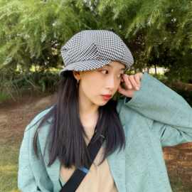 摩登洋气千鸟格八角帽子女春夏季韩版复古文艺贝雷帽云朵报童帽潮