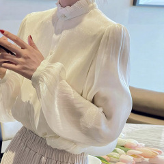 流光质感法式衬衫女2025秋季新款木耳边立领甜美优雅别致打底上衣