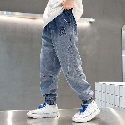 Children's Elastic Denim Pants Spring and Autumn Style 2025 New Arrival Boys and Young Teenagers Winter One-piece Fleece Pants