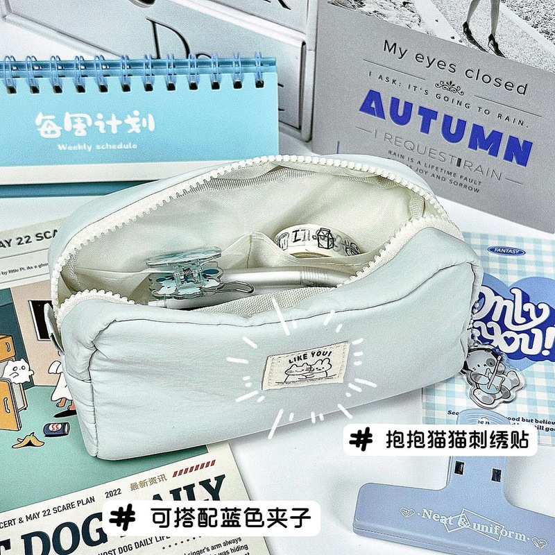 韩版小众ins蓝色简约刺绣猫咪笔袋大容量纯色收纳袋学生文具笔盒|undefined