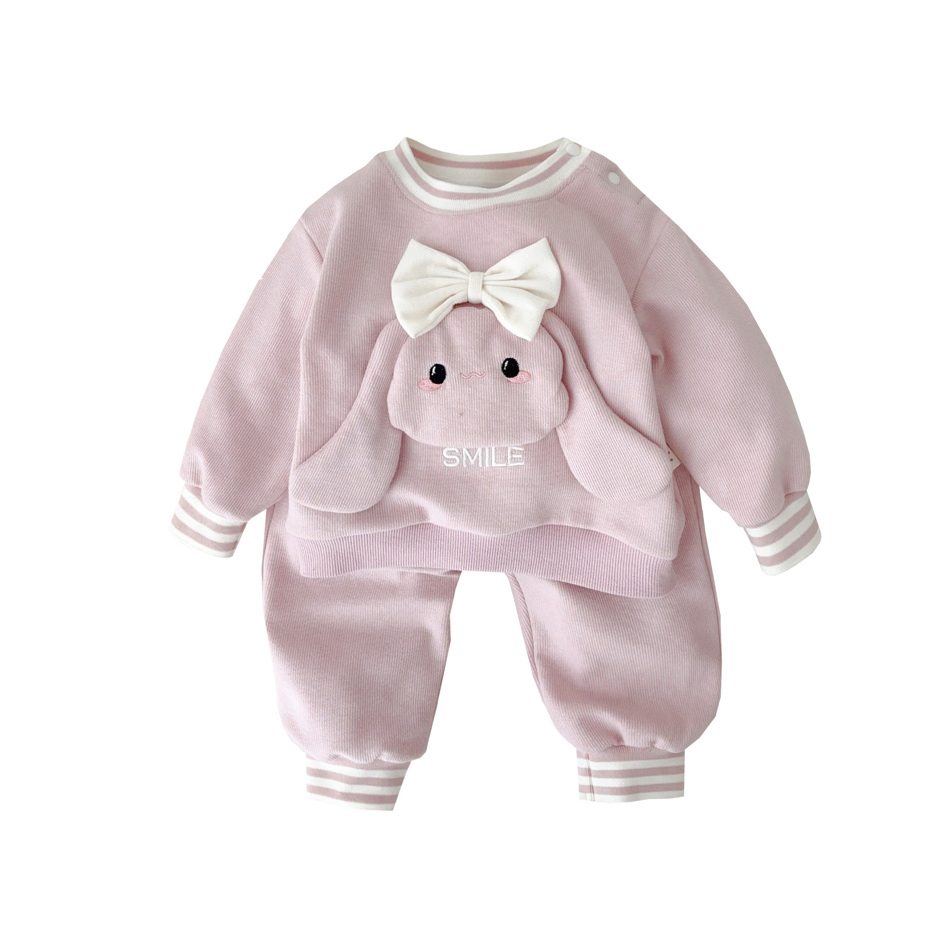 2025 bebé traje de manga larga dulce primavera bebé casual tridimensional orejas de conejo suéter pantalones de dos piezas