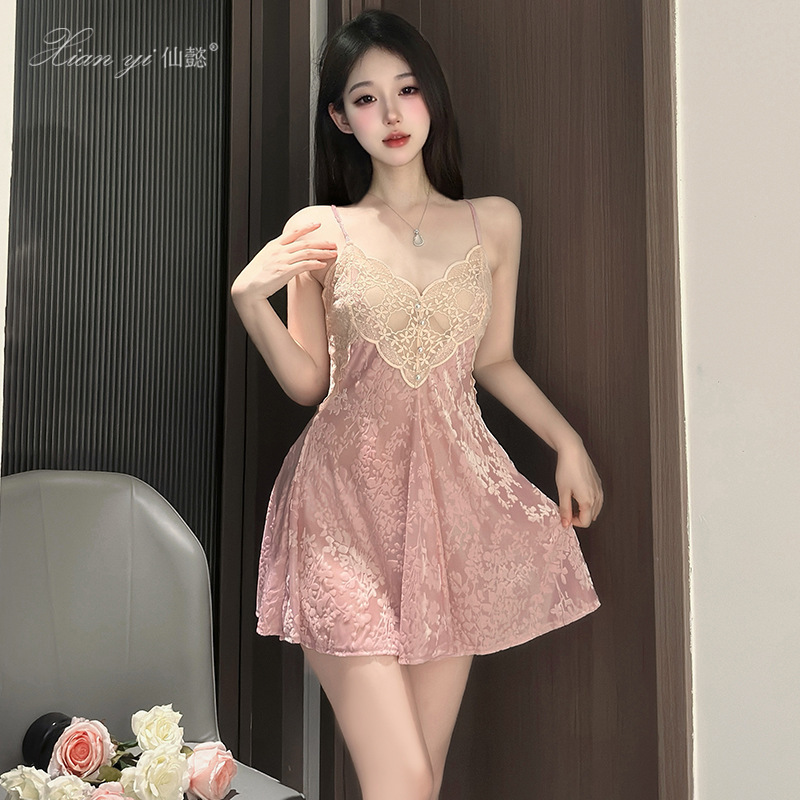Xianyi Sexy Lingerie Nightdress Light Luxury Pure Desire Style Floral Velvet Camisole Dress Sexy Deep V Temptation See-Through Clothing 741 Xianyi Sexy Lingerie Nightdress Light Luxury Pure Desire Style Floral Velvet Camisole Dress Sexy Deep V Temptation See-Through Clothing 741