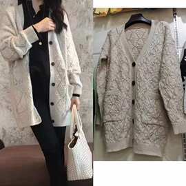 2024秋冬新款羊绒外套女开衫中长款加厚勾花镂空羊毛针织宽松慵懒