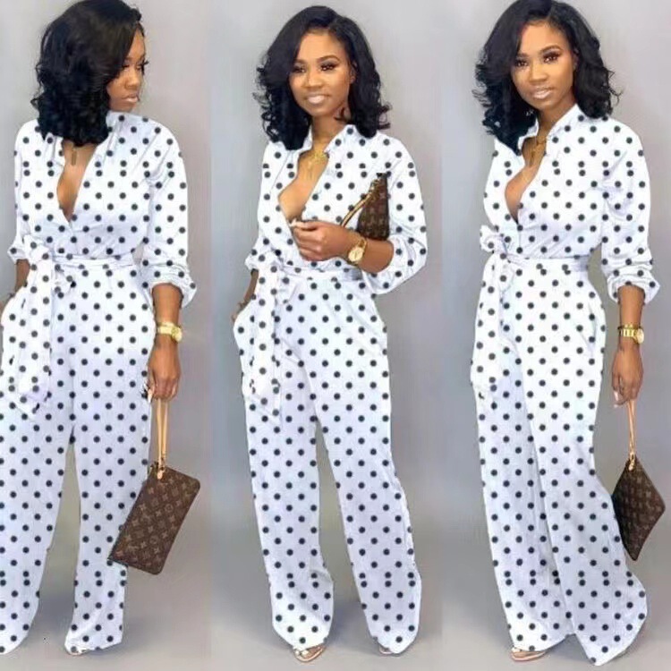 European and American Cross-Border Spring and Autumn Polka Dot Print Jumpsuit for Women Amazon Fashion Casual Long-Sleeved Jumpsuit