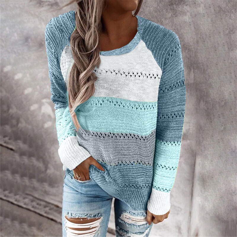 Aliexpress New Independent Station Wish Amazon Ebay Autumn and Winter Round Neck Long-Sleeved Pullover Color-Blocked Sweater Top for Women