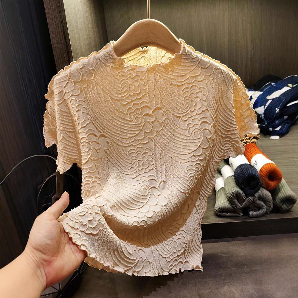 Áo thun nữ cổ tròn tay ngắn họa tiết mây cổ điển xếp ly viền bèo nhún — Màu đen, X mơ, Màu hồng, Màu xanh đậm