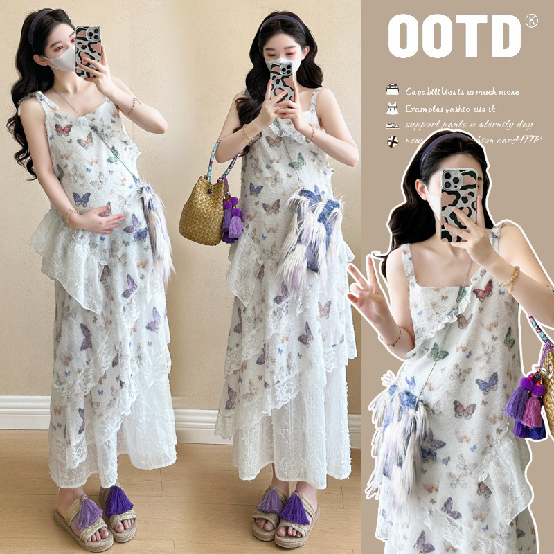 Vacation Seaside Photo Shoot, Beautiful French Butterfly Floral Suspender Dress, Maternity Wear, Lace Splicing Long Skirt