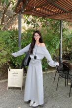 韩系慵懒休闲套装灰色露肩长袖卫衣女春季高腰半身裙A字裙两件套