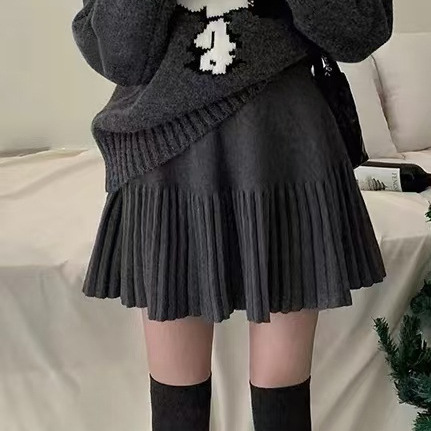 2025 Skirt Elastic Band Black Pleated Skirt A-Line Skirt Versatile Korean Style Pleated Style A-Type High Waist White Splicing