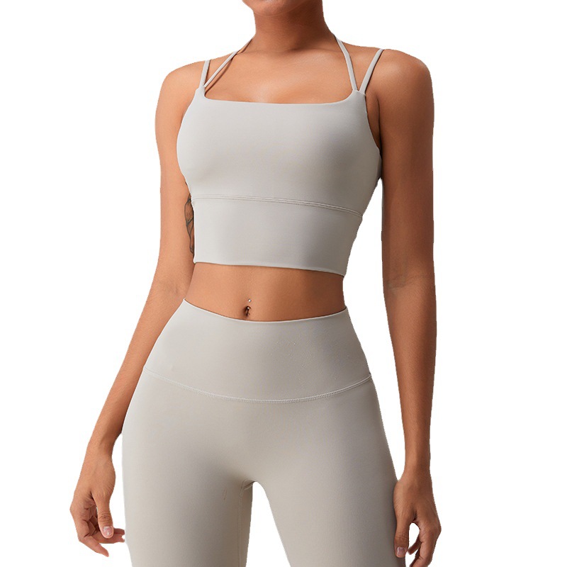 Europa y América belleza desnuda espalda ropa interior deportiva mujeres push up yoga sujetador running fitness Top yoga ropa Halter Sling