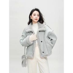 小个子毛毛拼接设计感加厚机车服女冬季新款宽松休闲立领蓝色外套