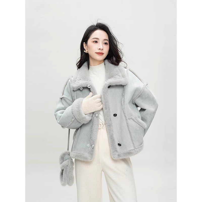 小个子毛毛拼接设计感加厚机车服女冬季新款宽松休闲立领蓝色外套|undefined