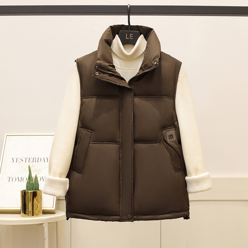 Chaleco de algodón de cuello vertical corto para mujeres otoño y invierno 2025 nuevo estilo coreano chaleco de algodón etiquetado temperamento de moda abrazadera de algodón de hombro