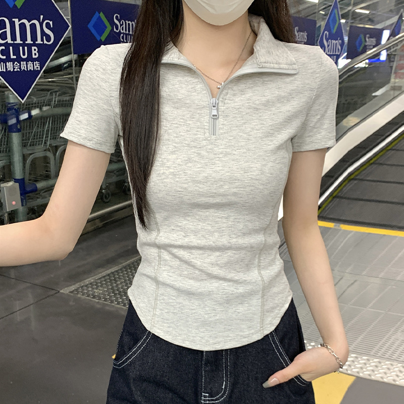 Summer New Style Polo Collar Zipper Slim Short-Sleeved T-Shirt for Women Korean Style Fishbone Line Curved Waist Top Ins Summer New Style Polo Collar Zipper Slim Short-Sleeved T-Shirt for Women Korean Style Fishbone Line Curved Waist Top Ins
