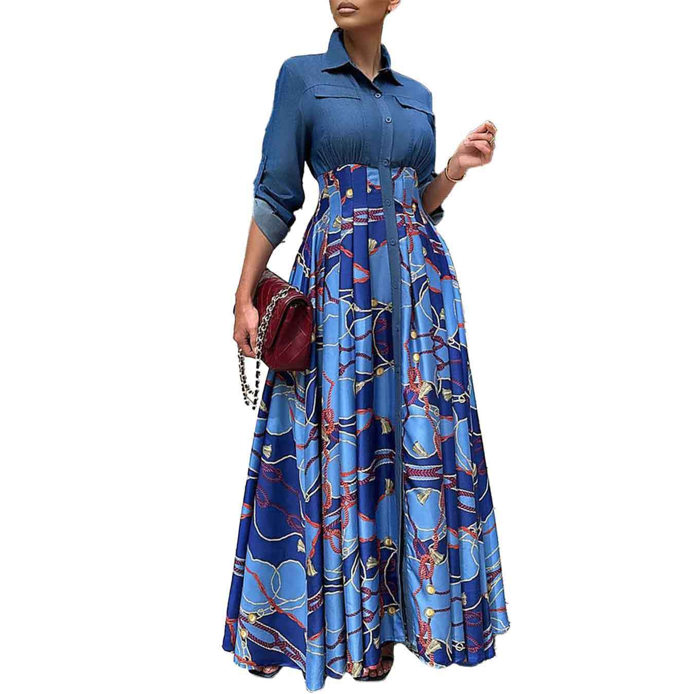 Abito da sera lungo da donna con stampa e dettagli in denim_voghion.com