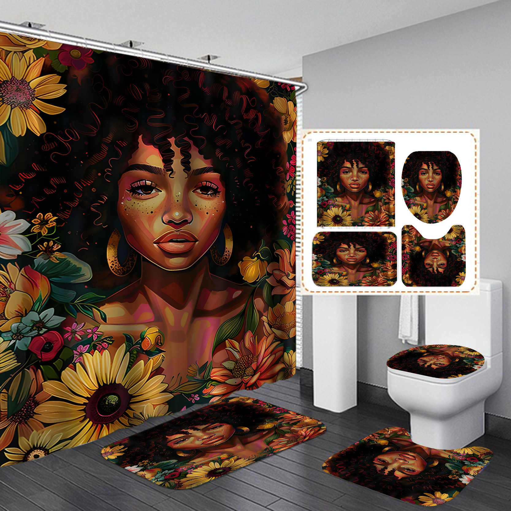 Juego de 4 piezas de moda Juego de cortina de ducha de rosa roja de agua Flor Juego de decoración de baño de Navidad Alfombrilla de baño absorbente Alfombrilla en forma de U