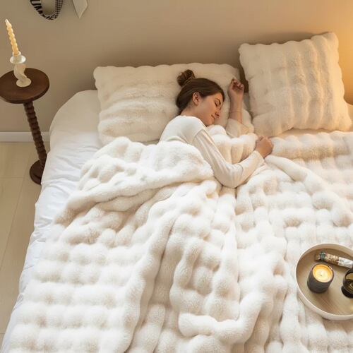 Double-layer thickened rabbit fur blanket, luxurious style beaver double-sided plush bubble fur blanket, multi-functional sofa rug