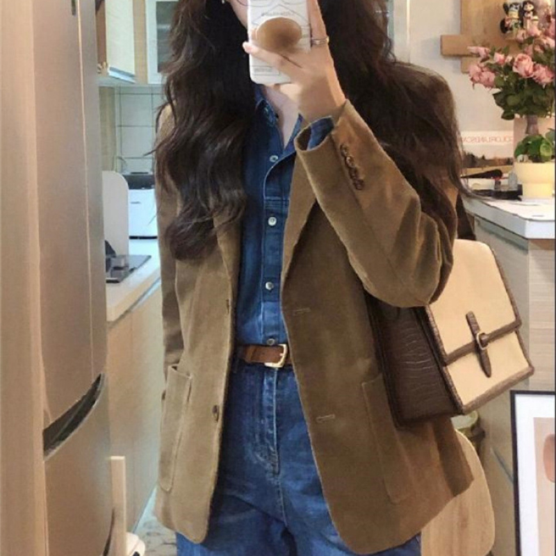 复古高级感御姐风灯芯绒棕色长袖西服女春秋短款工装外套上衣|undefined