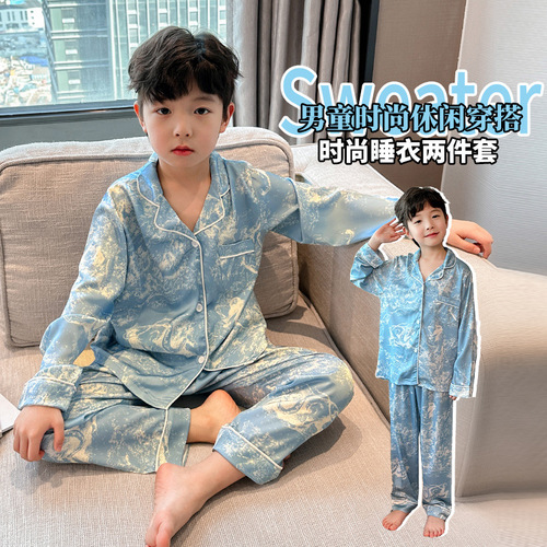 Children's Spring and Summer 2024 New Ice Silk Long-Sleeve Pajama Set for Big Kids - Thin Air Conditioning Wear for Boys