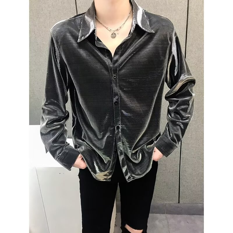 Spring and Autumn Lightweight Original Trendy Brand Personality Bright Color Cool Stylish No-Iron Shirt Men's Fashion Sequin Niche Shirt Trendy