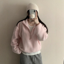 跨境 chic韩国温柔少女粉色甜美软糯摇粒绒立领舒适卫衣外套