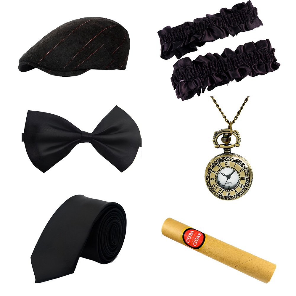 1920s Gatsby Party Dress Up Correa Reloj de bolsillo Barba falsa Traje Vestido de moda Sombrero de copa Corbata Años 20