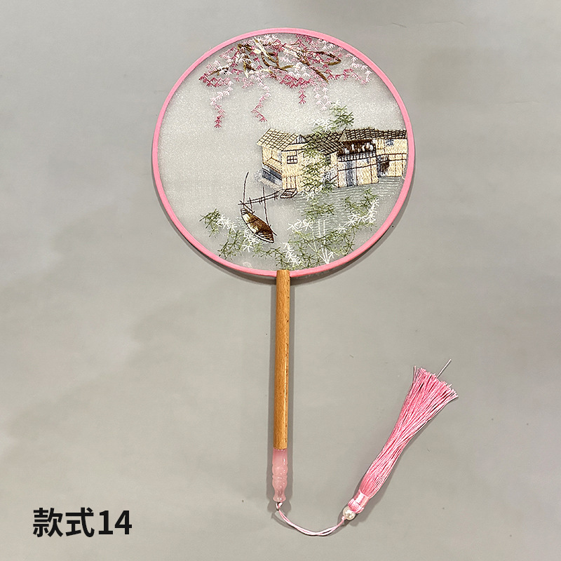 Abanico de grupo bordado Abanico redondo clásico Abanico de palacio Hanfu chino Estilo antiguo Mango largo Borla Cheongsam Ventilador de baile de seda transparente