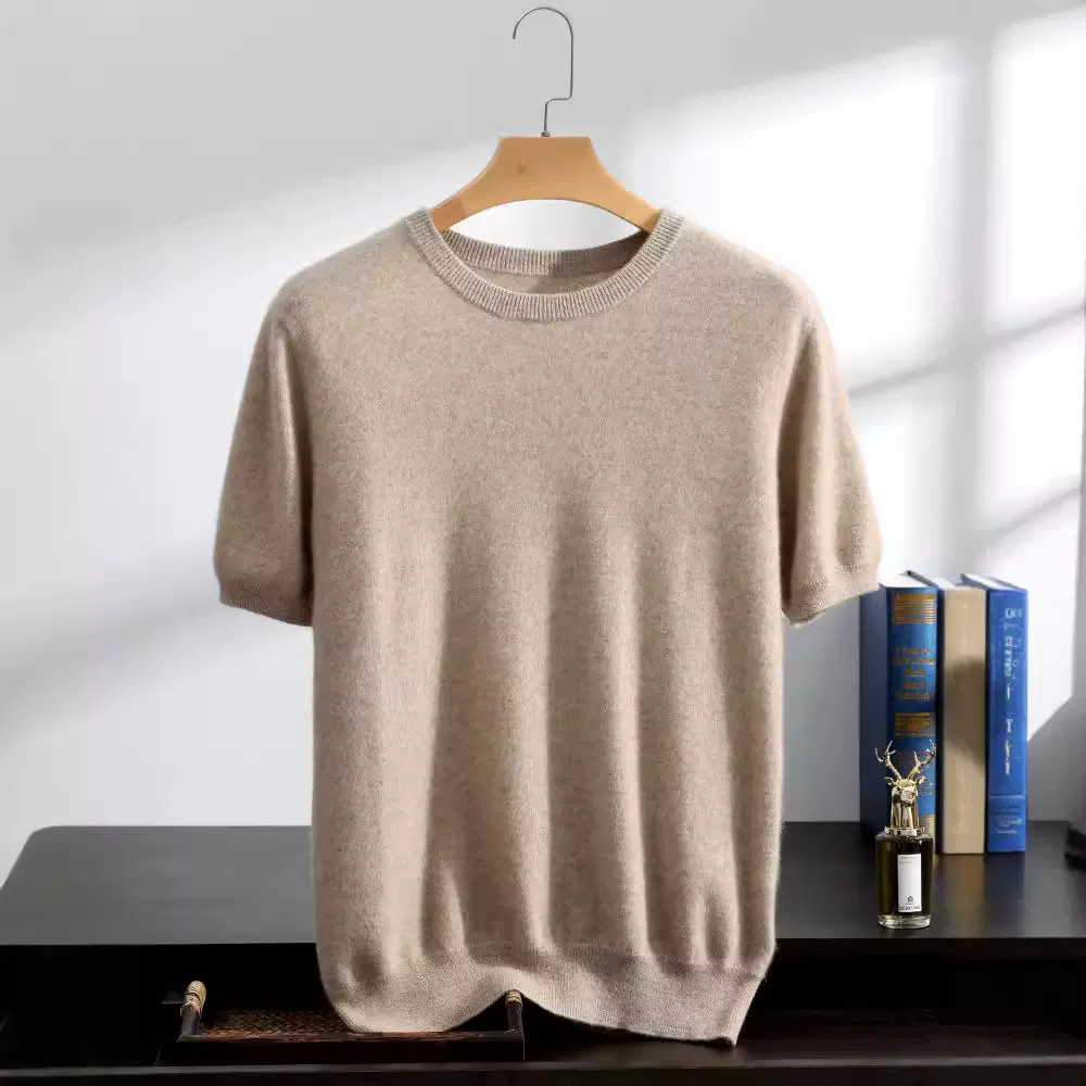 批发羊绒半袖男圆领100纯山羊绒秋冬新款平面针织打底短袖
