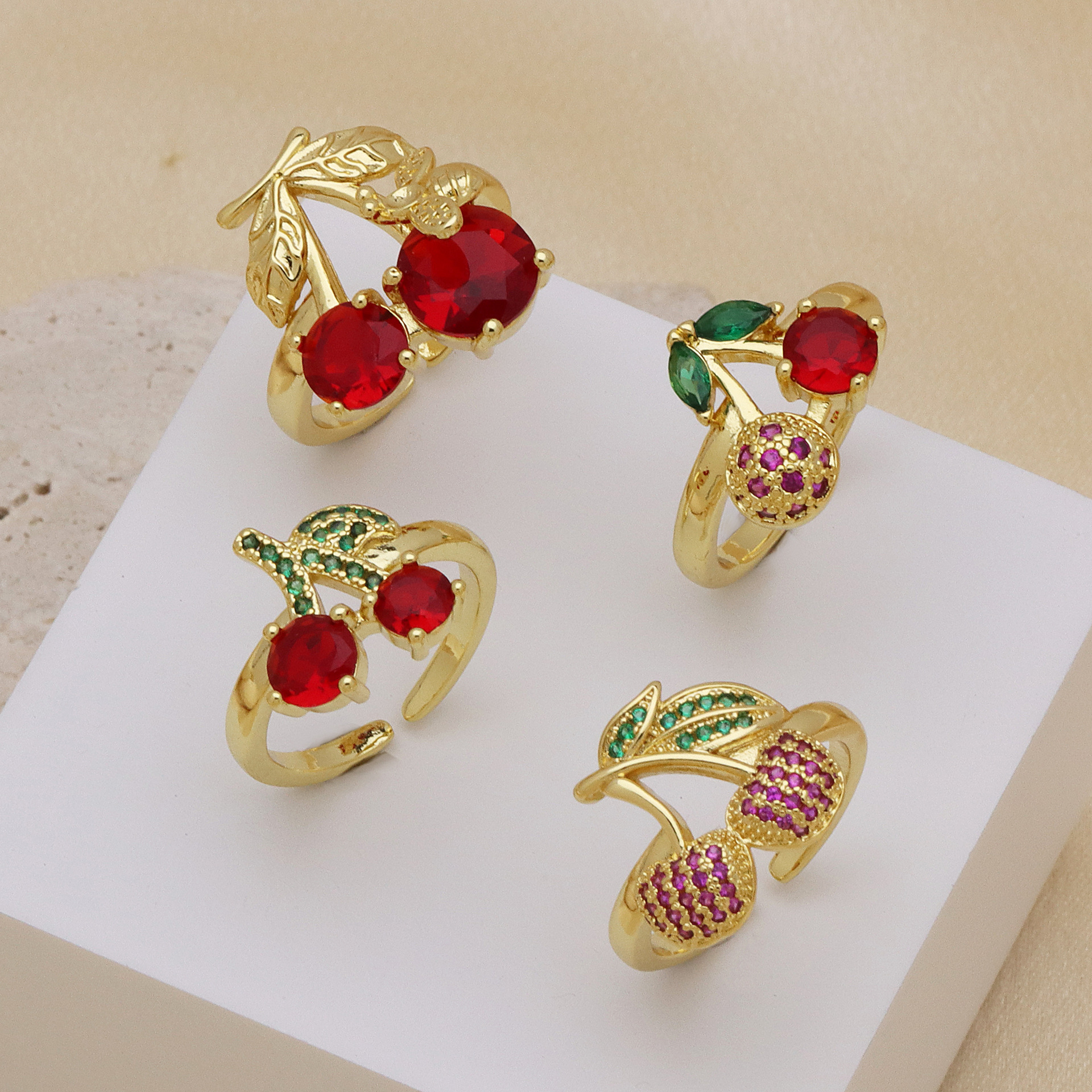 10g Weight 18K Gold Plated Plating Material Wholesale Jewelry Retro Classic Style Cherry Copper Zircon 18K Gold Plated Open Rings