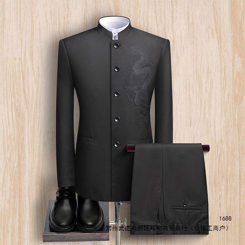 Zhongshan suit for young men, slim fit, stand-up collar, performance, Chinese wedding, Chinese style suit jacket, middle-aged and elderly Tang suit set