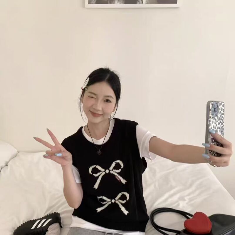 春秋新款韩系气质蝴蝶结圆领时尚百搭叠穿针织马甲女洋气时髦上衣|undefined