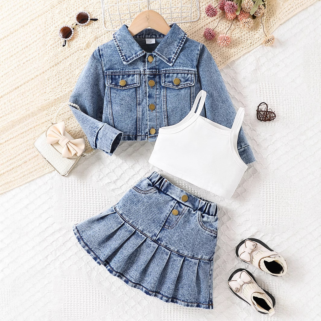 欧美跨境秋冬季新款单排扣长袖牛仔外套纯色吊带背心百褶裙三件套