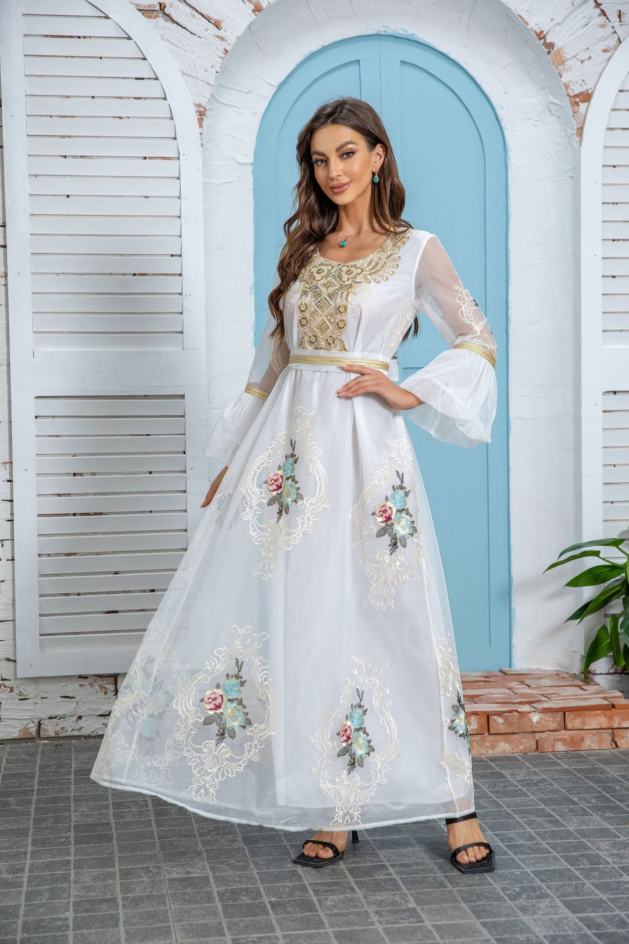 ZD020 Middle Eastern New Ethnic Style Women's Muslim Robe Dubai Evening Applique Embroidered Dress_ecoleips.com
