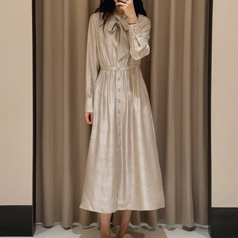 IC25 spring and summer new elegant jacquard sambo satin silk ribbon temperament long dress