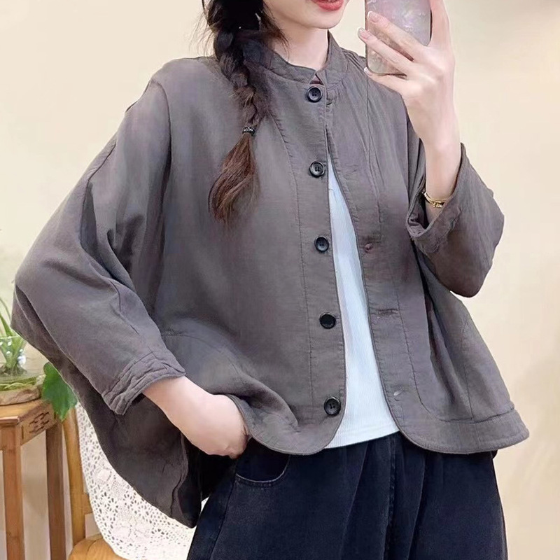 春秋季新款文艺双层肌理感棉纱外套女单排扣纯色立领开衫外套女|undefined