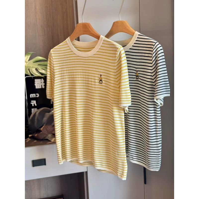 European Goods 25 Summer Loose Casual Versatile Slimming Look Minion Embroidered Silk Knitted Round Neck Stripesd Short-Sleeved T-Shirt for Women